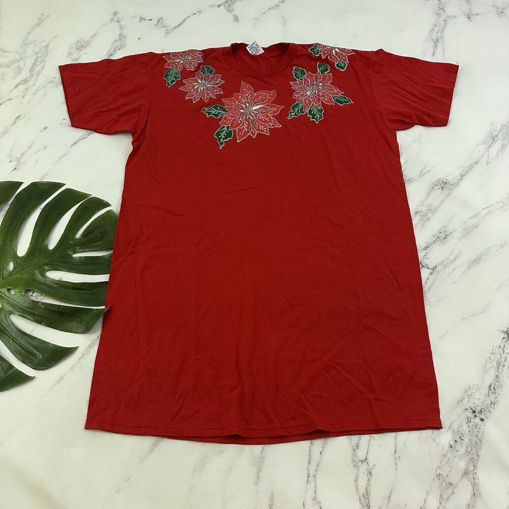 Jerzees Womens Vintage 90s Christmas Shirt Dress One Size Red Poinsettia Floral